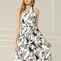 Allegra K Women's Summer Sleeveless Below Knee Length Tie Halter Neck Backless Floral Dress