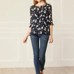 Allegra K Women's Casual Ruffle 3/4 Sleeve Floral Print Chiffon Blouse 57 Allegra K Women's Casual Ruffle 3/4 Sleeve Floral Print Chiffon Blouse