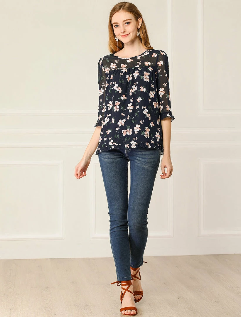 Allegra K Women's Casual Ruffle 3/4 Sleeve Floral Print Chiffon Blouse 5 Allegra K Women's Casual Ruffle 3/4 Sleeve Floral Print Chiffon Blouse
