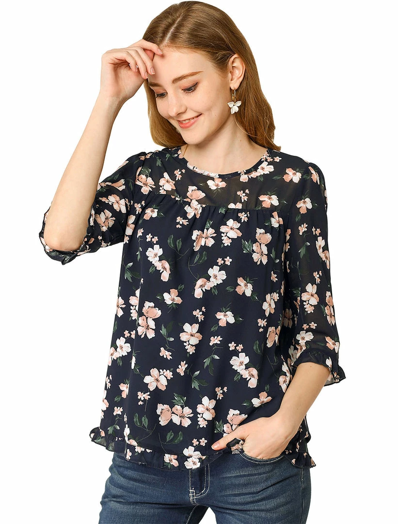 Allegra K Women's Casual Ruffle 3/4 Sleeve Floral Print Chiffon Blouse 3 Allegra K Women's Casual Ruffle 3/4 Sleeve Floral Print Chiffon Blouse