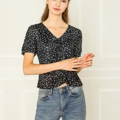 Allegra K Women's Ruched Tie V Neck Slim Short Sleeve Polka Dots Tops