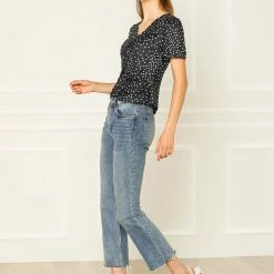 Allegra K Women's Ruched Tie V Neck Slim Short Sleeve Polka Dots Tops