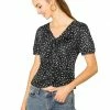 Allegra K Women's Ruched Tie V Neck Slim Short Sleeve Polka Dots Tops