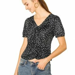 Allegra K Women's Ruched Tie V Neck Slim Short Sleeve Polka Dots Tops
