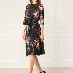 Allegra K Women's Floral Print Front Split Back Keyhole Self Tie Round Neck Dress
