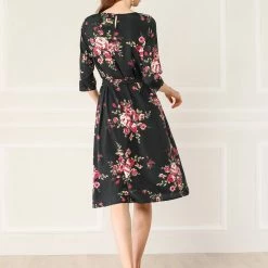 Allegra K Women's Floral Print Front Split Back Keyhole Self Tie Round Neck Dress