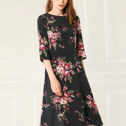 Allegra K Women's Floral Print Front Split Back Keyhole Self Tie Round Neck Dress