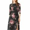 Allegra K Women's Floral Print Front Split Back Keyhole Self Tie Round Neck Dress