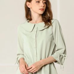 Allegra K Women's Cute Large Collar Cinched Waist Blouse 3/4 Ruffle Sleeve Solid Color Shirt Top
