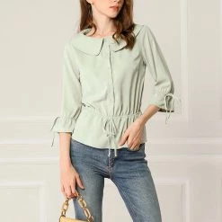 Allegra K Women's Cute Large Collar Cinched Waist Blouse 3/4 Ruffle Sleeve Solid Color Shirt Top 16 Allegra K Women's Cute Large Collar Cinched Waist Blouse 3/4 Ruffle Sleeve Solid Color Shirt Top