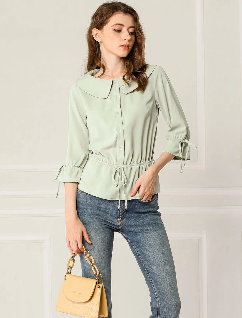 Allegra K Women's Cute Large Collar Cinched Waist Blouse 3/4 Ruffle Sleeve Solid Color Shirt Top 5 Allegra K Women's Cute Large Collar Cinched Waist Blouse 3/4 Ruffle Sleeve Solid Color Shirt Top