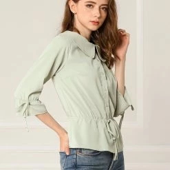 Allegra K Women's Cute Large Collar Cinched Waist Blouse 3/4 Ruffle Sleeve Solid Color Shirt Top 17 Allegra K Women's Cute Large Collar Cinched Waist Blouse 3/4 Ruffle Sleeve Solid Color Shirt Top
