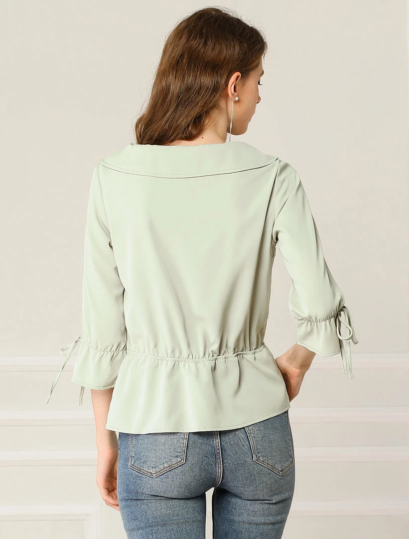 Allegra K Women's Cute Large Collar Cinched Waist Blouse 3/4 Ruffle Sleeve Solid Color Shirt Top 7 Allegra K Women's Cute Large Collar Cinched Waist Blouse 3/4 Ruffle Sleeve Solid Color Shirt Top