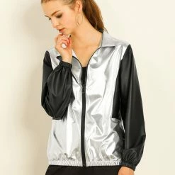 Allegra K Women's Metallic Shiny Long Sleeves Zipper Contrast Holographic Jacket