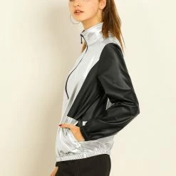 Allegra K Women's Metallic Shiny Long Sleeves Zipper Contrast Holographic Jacket