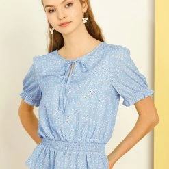 Allegra K Women's Smocked Vintage Floral Elastic Waist Tops