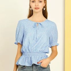 Allegra K Women's Smocked Vintage Floral Elastic Waist Tops