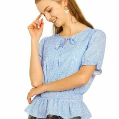 Allegra K Women's Smocked Vintage Floral Elastic Waist Tops