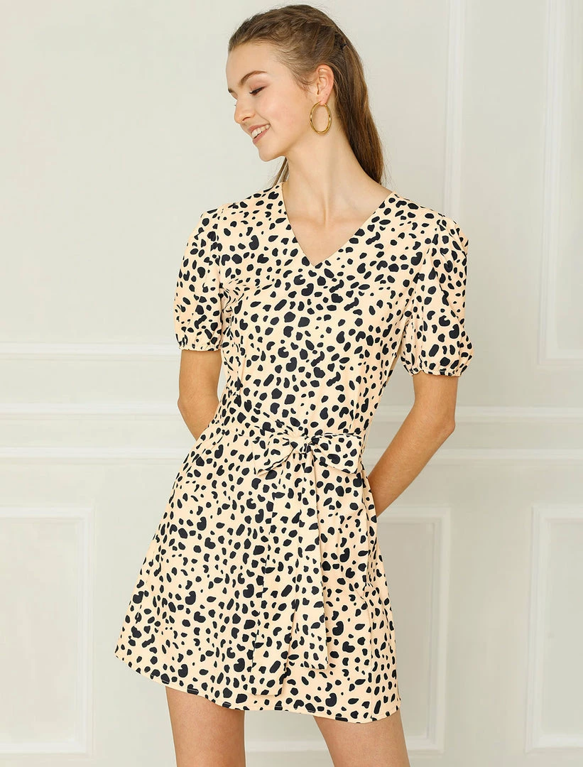 Allegra K Women's Leopard Tie Waist Puff Sleeves V Neck A-Line Dress 5 Allegra K Women's Leopard Tie Waist Puff Sleeves V Neck A-Line Dress