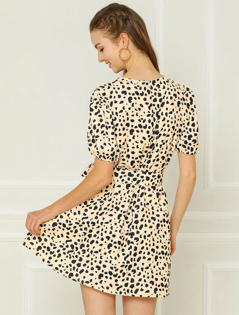 Allegra K Women's Leopard Tie Waist Puff Sleeves V Neck A-Line Dress 7 Allegra K Women's Leopard Tie Waist Puff Sleeves V Neck A-Line Dress