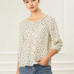 Allegra K Women's Sweet Ruffle Round Neck Elastic Floral Blouse Top