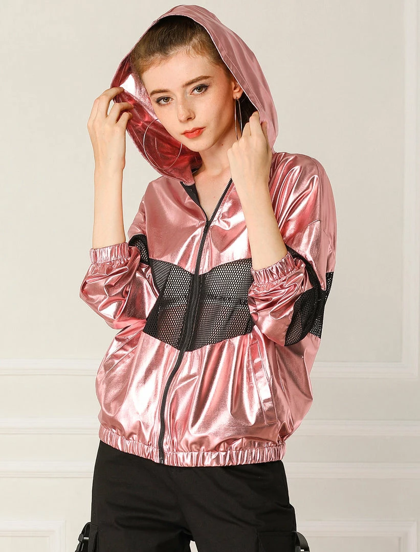 Allegra K Women's Athleisure Shiny Zipper Fishnet Mesh Panel Hooded Metallic Jacket 4 Allegra K Women's Athleisure Shiny Zipper Fishnet Mesh Panel Hooded Metallic Jacket