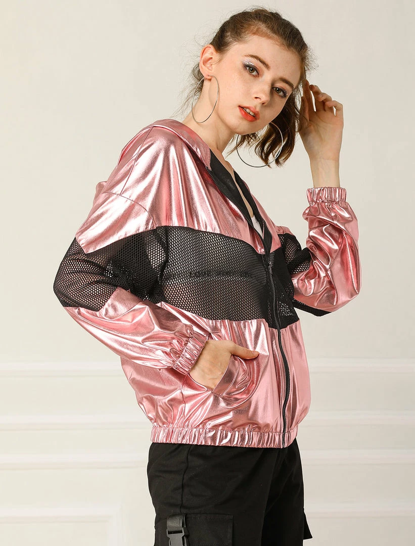 Allegra K Women's Athleisure Shiny Zipper Fishnet Mesh Panel Hooded Metallic Jacket 6 Allegra K Women's Athleisure Shiny Zipper Fishnet Mesh Panel Hooded Metallic Jacket