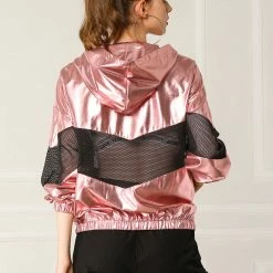 Allegra K Women's Athleisure Shiny Zipper Fishnet Mesh Panel Hooded Metallic Jacket 18 Allegra K Women's Athleisure Shiny Zipper Fishnet Mesh Panel Hooded Metallic Jacket