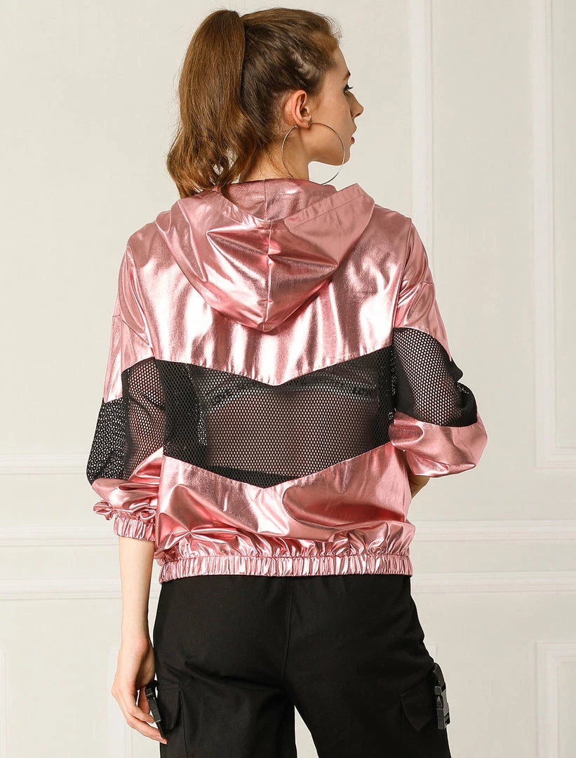 Allegra K Women's Athleisure Shiny Zipper Fishnet Mesh Panel Hooded Metallic Jacket 7 Allegra K Women's Athleisure Shiny Zipper Fishnet Mesh Panel Hooded Metallic Jacket