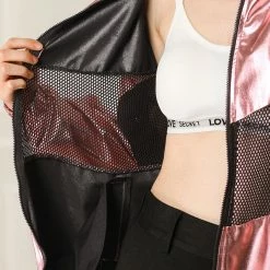 Allegra K Women's Athleisure Shiny Zipper Fishnet Mesh Panel Hooded Metallic Jacket 19 Allegra K Women's Athleisure Shiny Zipper Fishnet Mesh Panel Hooded Metallic Jacket