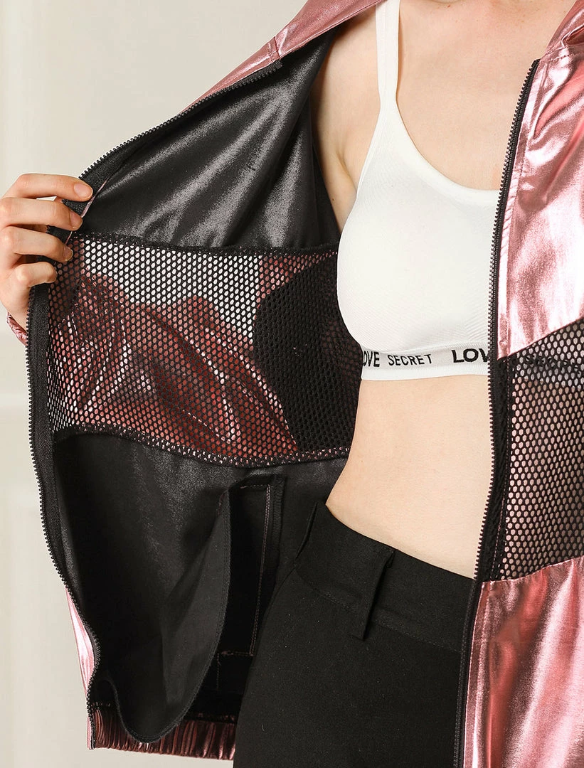 Allegra K Women's Athleisure Shiny Zipper Fishnet Mesh Panel Hooded Metallic Jacket 8 Allegra K Women's Athleisure Shiny Zipper Fishnet Mesh Panel Hooded Metallic Jacket