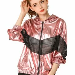 Allegra K Women's Athleisure Shiny Zipper Fishnet Mesh Panel Hooded Metallic Jacket