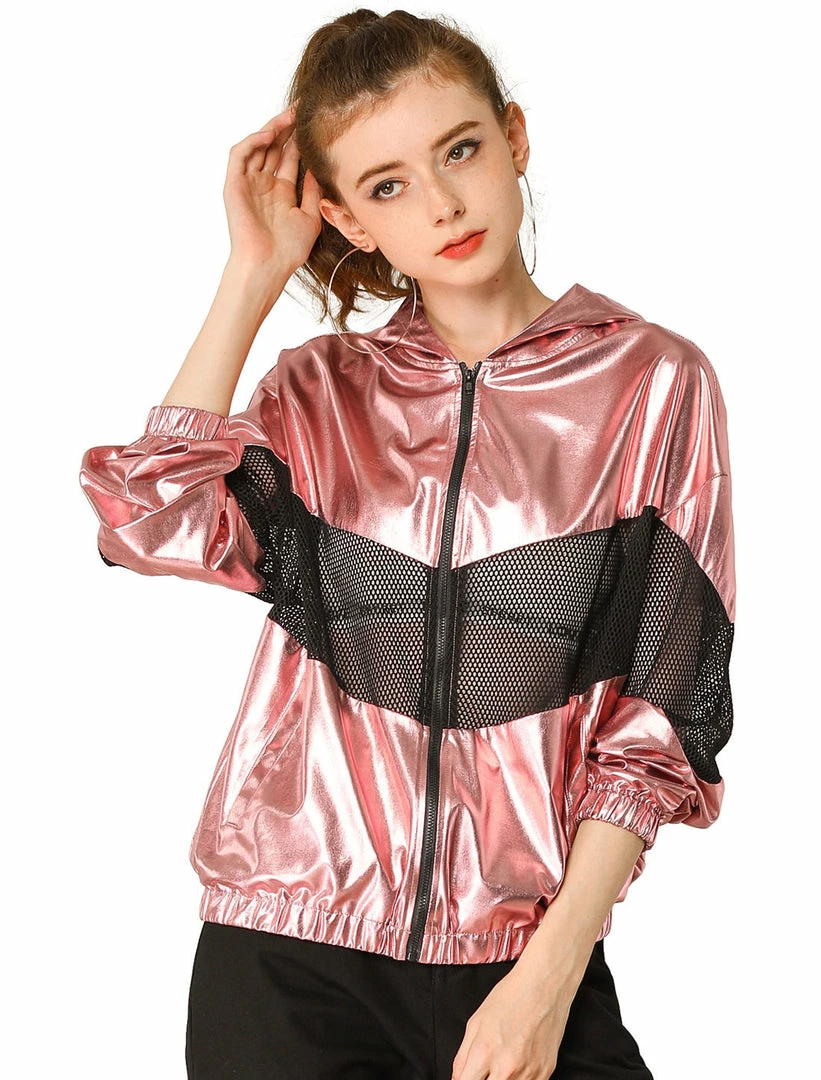 Allegra K Women's Athleisure Shiny Zipper Fishnet Mesh Panel Hooded Metallic Jacket 3 Allegra K Women's Athleisure Shiny Zipper Fishnet Mesh Panel Hooded Metallic Jacket