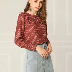 Allegra K Women's Ruffled Front Round Neck Blouse Long Sleeve Button Cuffs Floral Top Shirt