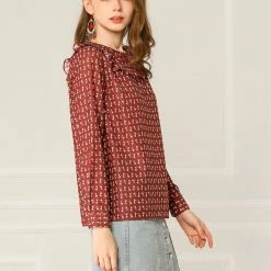 Allegra K Women's Ruffled Front Round Neck Blouse Long Sleeve Button Cuffs Floral Top Shirt