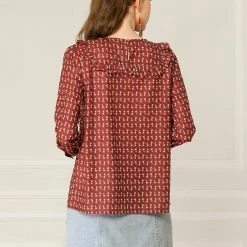 Allegra K Women's Ruffled Front Round Neck Blouse Long Sleeve Button Cuffs Floral Top Shirt