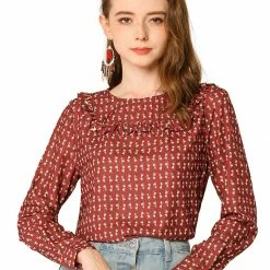 Allegra K Women's Ruffled Front Round Neck Blouse Long Sleeve Button Cuffs Floral Top Shirt