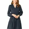 Allegra K Women's Swiss Dot Long Sleeve V Neck Collar Loose Ruffle Hem Cotton Dress