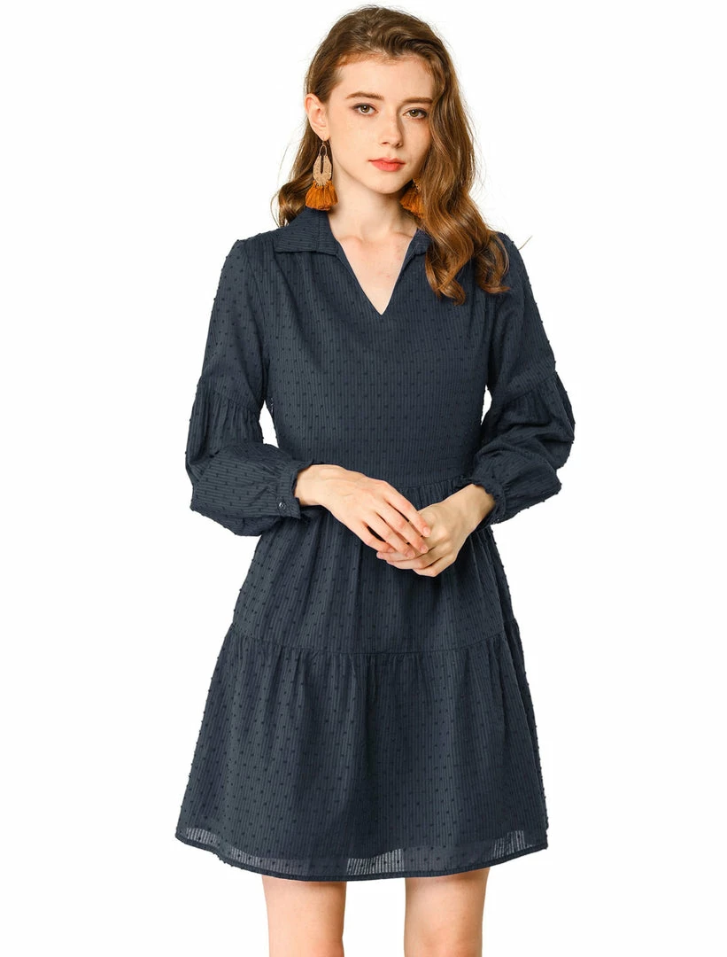 Allegra K Women's Swiss Dot Long Sleeve V Neck Collar Loose Ruffle Hem Cotton Dress 3 Allegra K Women's Swiss Dot Long Sleeve V Neck Collar Loose Ruffle Hem Cotton Dress