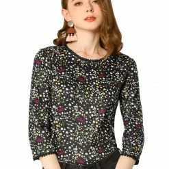 Allegra K Women's 3/4 Sleeves Lace Trim Floral Top