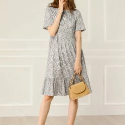 Allegra K Women's Loose Floral Print Short Sleeve Button Decor Ruffle Hem A-Line Dress