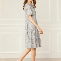 Allegra K Women's Loose Floral Print Short Sleeve Button Decor Ruffle Hem A-Line Dress