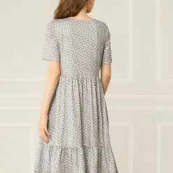 Allegra K Women's Loose Floral Print Short Sleeve Button Decor Ruffle Hem A-Line Dress