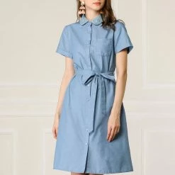 Allegra K Women's Peter Pan Collar Short Sleeve Belted Shift Chambray Denim Shirt Dress