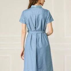 Allegra K Women's Peter Pan Collar Short Sleeve Belted Shift Chambray Denim Shirt Dress