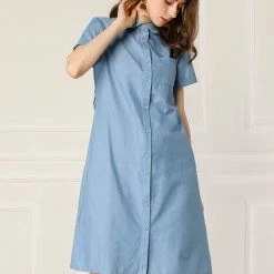 Allegra K Women's Peter Pan Collar Short Sleeve Belted Shift Chambray Denim Shirt Dress