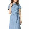 Allegra K Women's Peter Pan Collar Short Sleeve Belted Shift Chambray Denim Shirt Dress