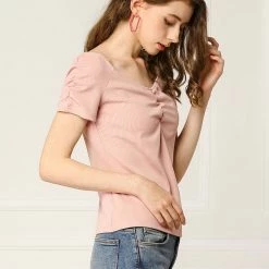 Allegra K Women's Gathering Ruched Capped Sleeves V Neck Solid Slim Fit Tops