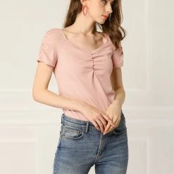 Allegra K Women's Gathering Ruched Capped Sleeves V Neck Solid Slim Fit Tops 17 Allegra K Women's Gathering Ruched Capped Sleeves V Neck Solid Slim Fit Tops