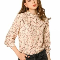 Allegra K Women's Floral Print Long Sleeve Casual Shirts Ruffle Chiffon Blouse
